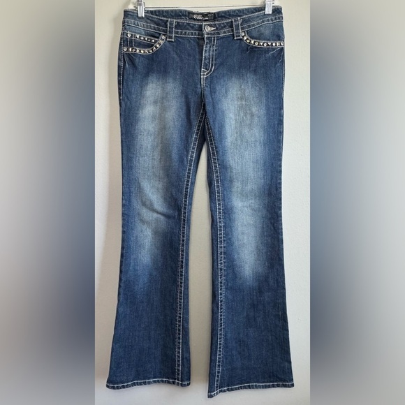 Cello Women’s Rhinestone Embellished Fleur de Lis Boot Cut Jeans Size 14 - Picture 1 of 8
